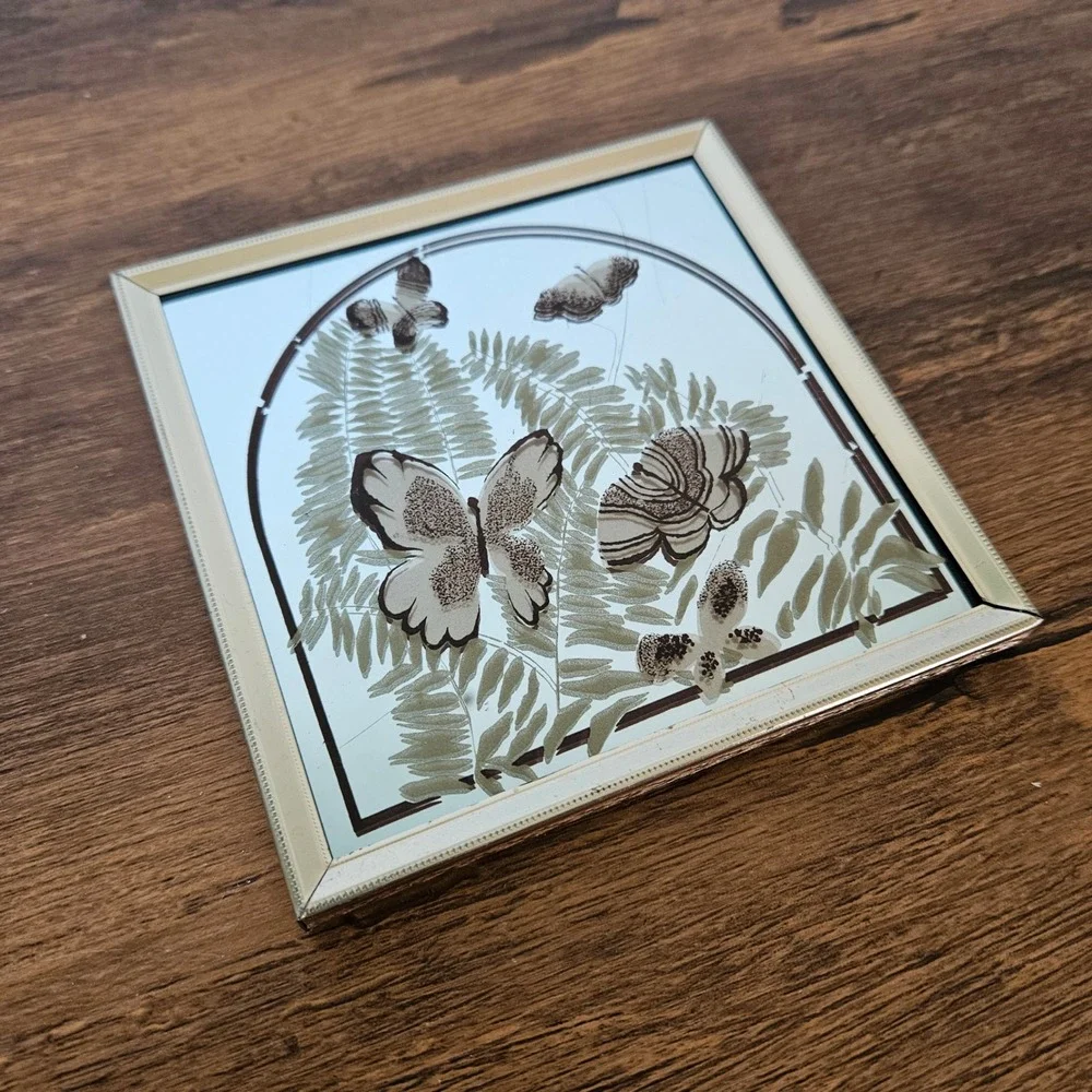 Vtg 70s Butterfly Fern Etched Mirror Gallery Wall Art Gold Metal Frame Square